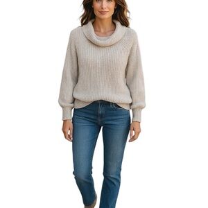 Free People Medium Cream Cropped Knit Sweater Mock Neck Casual Boho